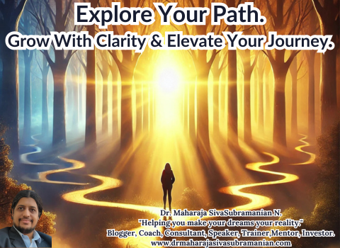 A woman standing at a glowing, multi-path forest trail with golden light ahead, symbolizing self-discovery, clarity, and personal growth. Text overlay reads: 