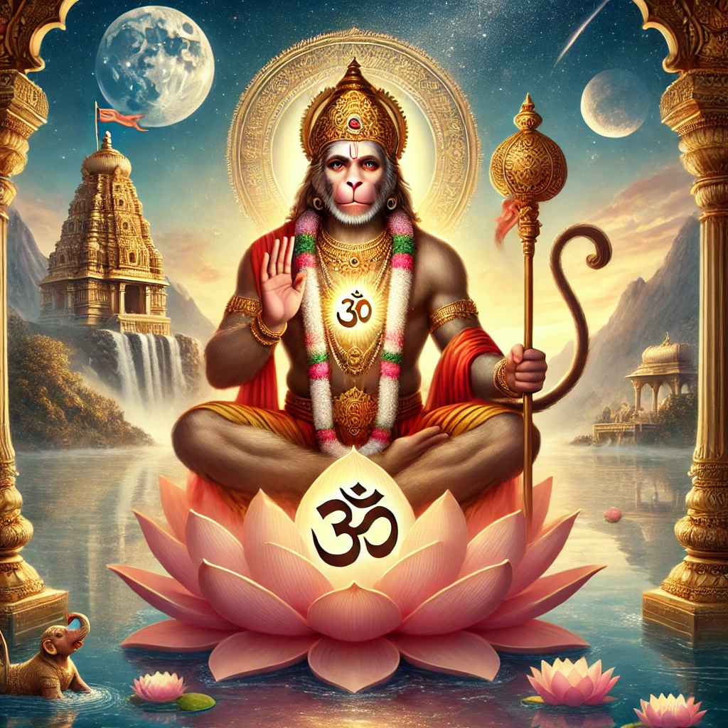 👉 Sacred illustration of Lord Hanuman seated on a lotus, holding a golden gada with the Om symbol, radiating divine strength, protection, healing, and devotion, with Lord Rama and Sita revealed in his heart during Hanuman Jayanti.