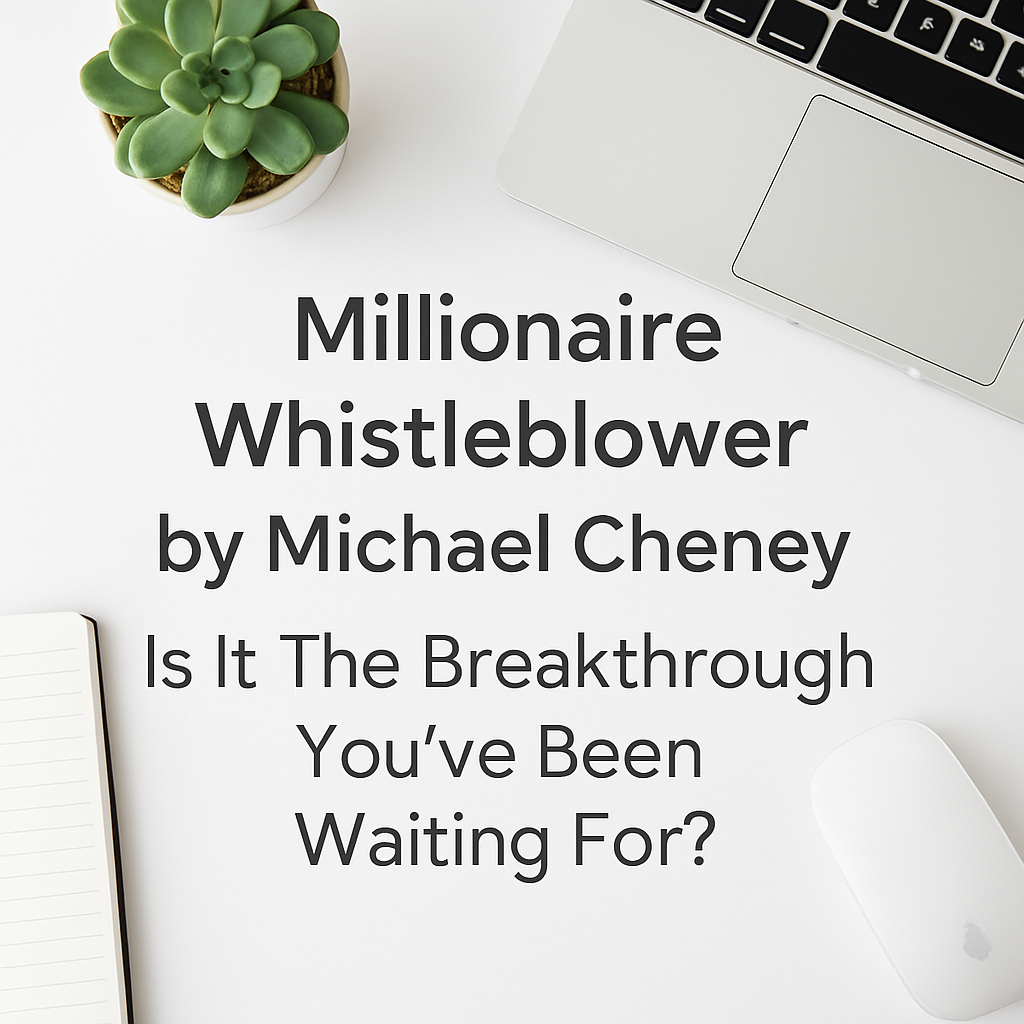 Minimalist white workspace with a laptop, notebook, mouse, and succulent plant — a calm, creative setup for exploring the Millionaire Whistleblower program by Michael Cheney.