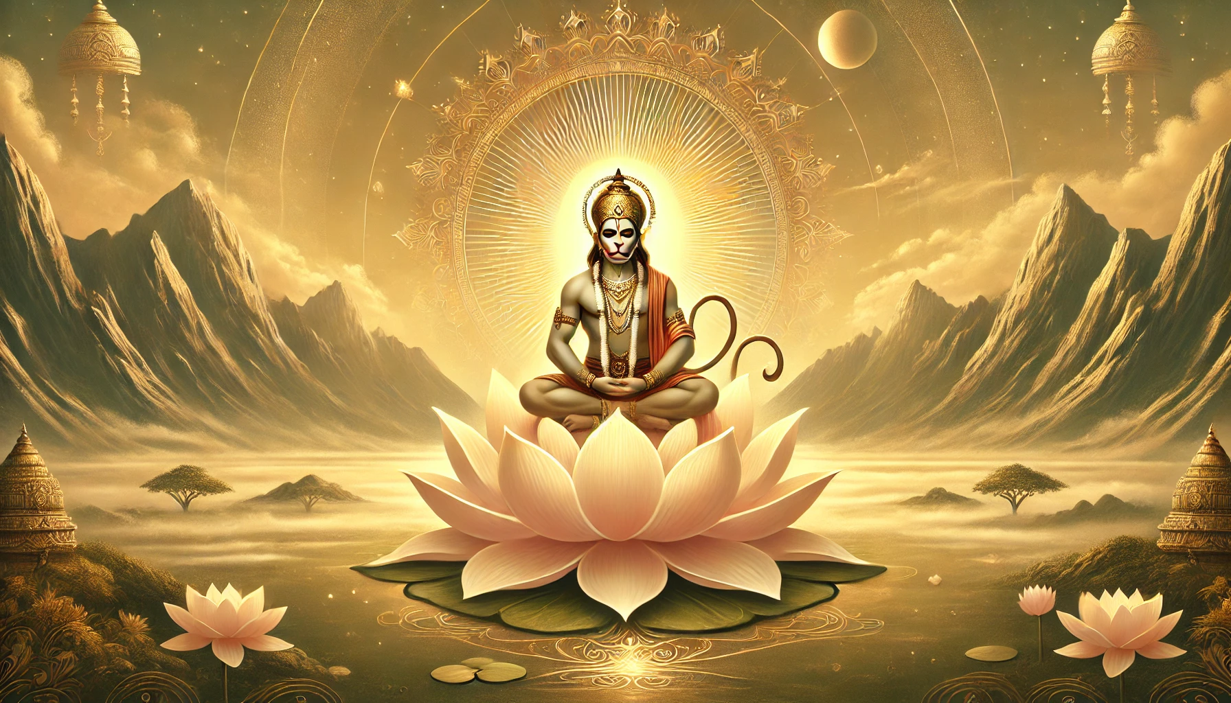 This is a peaceful illustration of Lord Hanuman seated on a lotus with a golden aura, surrounded by soft cosmic light, distant mountains, and sunrise. 