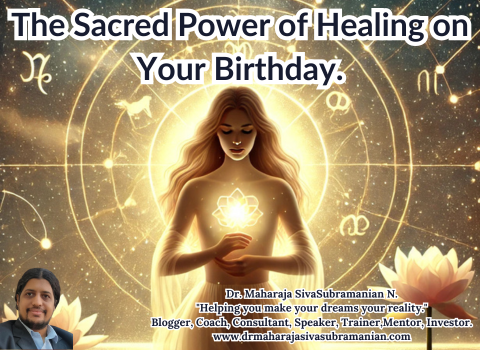 Illustration of a woman standing in golden light beneath a cosmic sky, symbolizing birthday healing and solar return energy alignment.