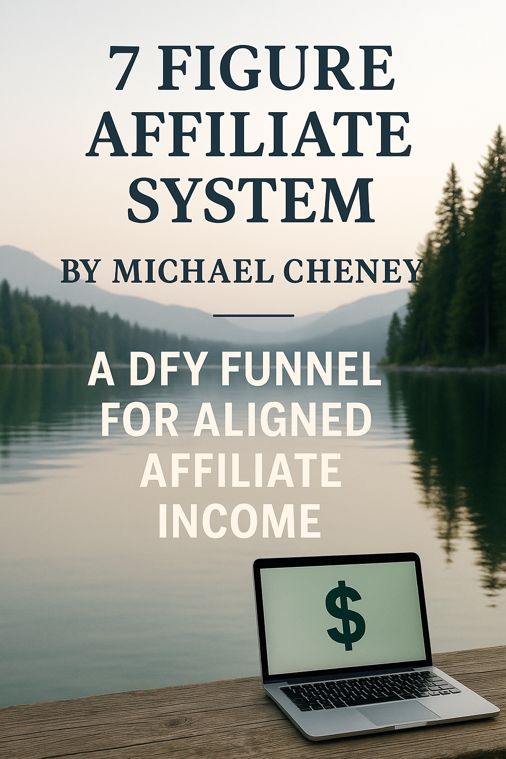 7 Figure Affiliate System by Michael Cheney –  Affiliate Income Without the Noise. Tranquil lake scene with a laptop on a dock displaying a dollar sign; overlay text reads “7 Figure Affiliate System by Michael Cheney – A DFY Funnel for Aligned Affiliate Income.”