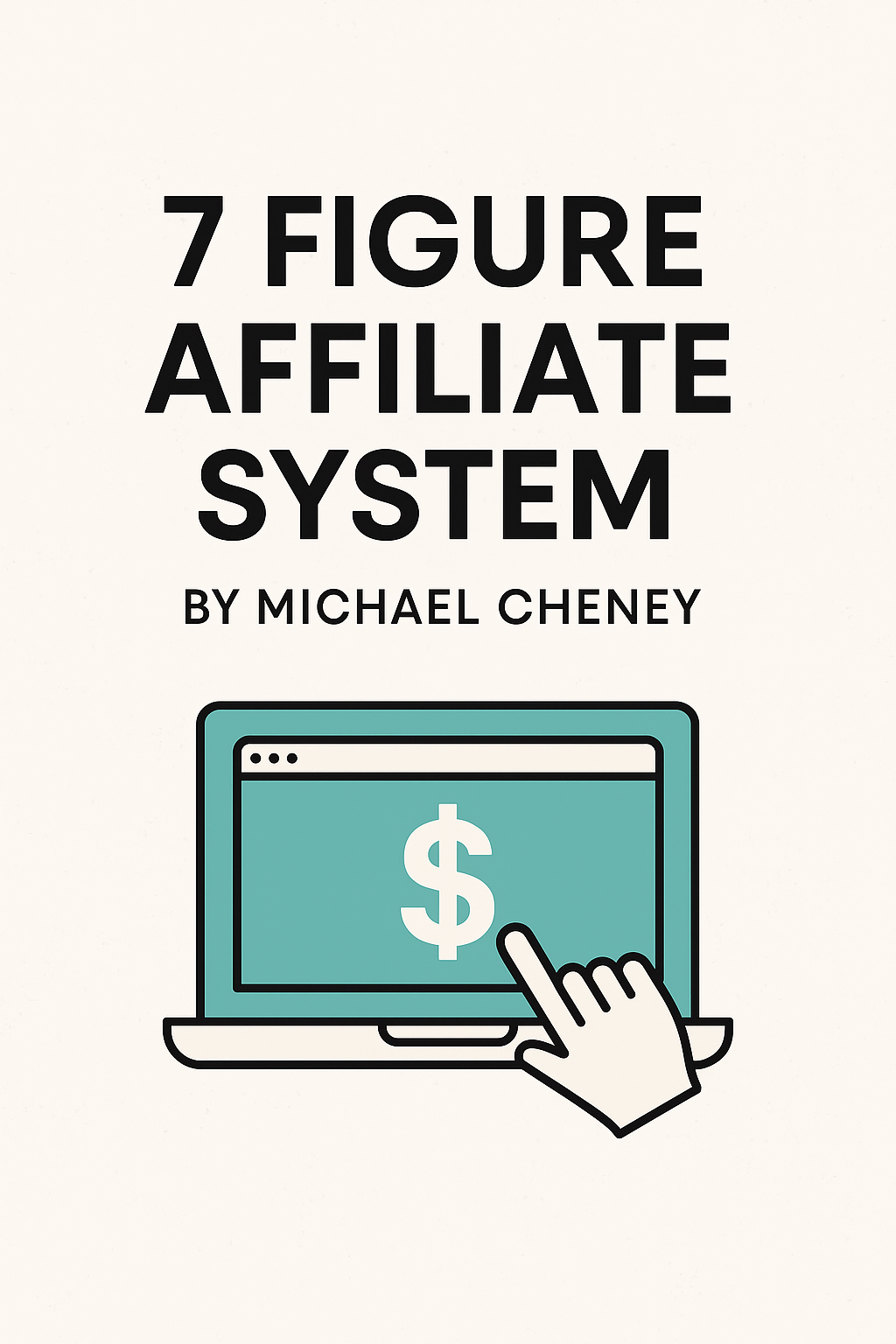 7 Figure Affiliate System by Michael Cheney – A DFY Funnel for Aligned Affiliate Income. Minimalist graphic with text '7 Figure Affiliate System by Michael Cheney' above a teal laptop icon featuring a dollar sign on the screen.