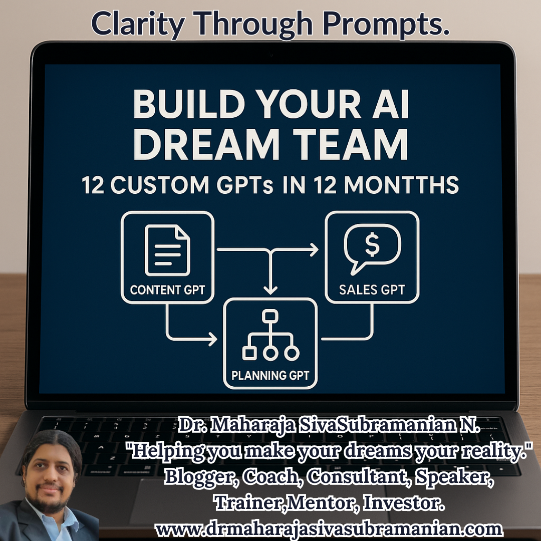 Build Your AI Dream Team. Laptop screen with flowchart-style icons representing different GPT roles like content, sales, and planning. Title overlay: “Build Your AI Dream Team – 12 Custom GPTs in 12 Months.”