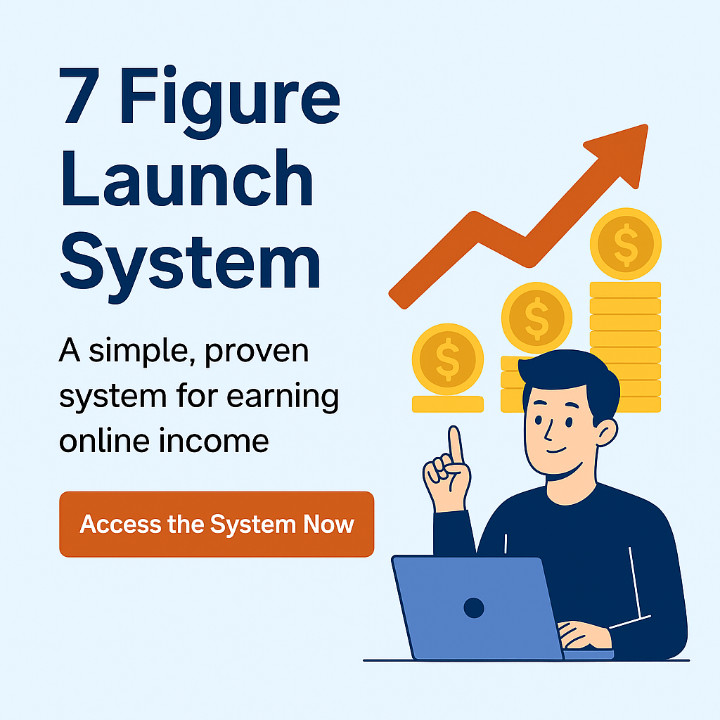 7 Figure Launch System by Michael Cheney: A Proven Path to Affiliate Income. 🖼️ Illustration of a man using a laptop with rising coins and an arrow, promoting a simple online income system. 