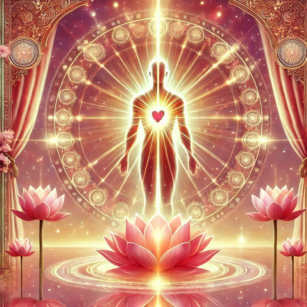 A_radiant_sacred_visual_representing_the_Gateway_of_Self-Love_&_Confidence. Radiance of Self-Love & Confidence. A luminous human figure glowing with pink and golden light, surrounded by lotus flowers and radiant mirrors, symbolizing empowerment and self-worth. This sacred visual embodies the essence of self-love and confidence. The glowing figure stands tall in rose-gold light, with lotus blooms and radiant reflections amplifying the energy of inner beauty, worthiness, and empowerment.