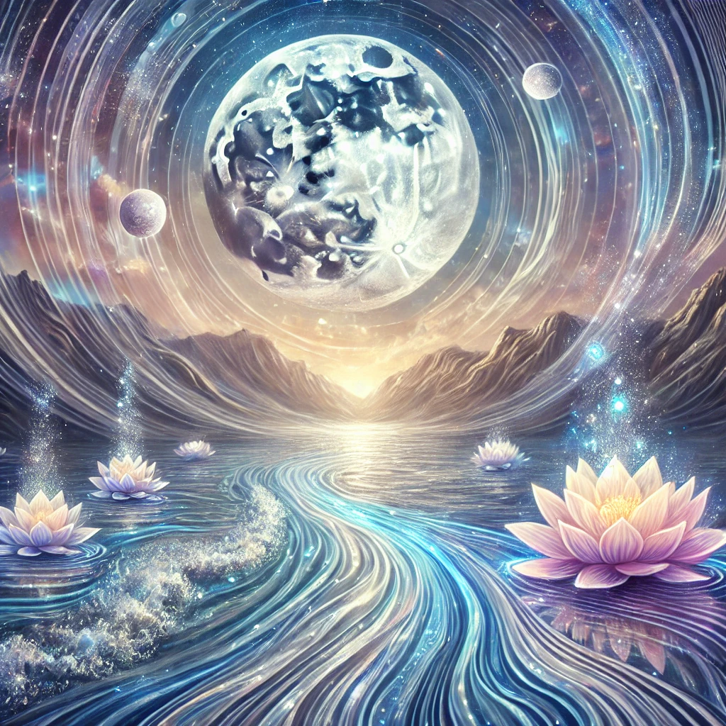 A_sacred_visual_for_the_Gateway_of_Emotional_Alchemy. Gateway of Emotional Alchemy A flowing crystalline river under a luminous moon, transforming into radiant streams of blues, violets, and silvers with lotus flowers floating, symbolizing emotional release and transformation. A mystical and soothing sacred visual representing the Gateway of Emotional Alchemy. A crystalline river under moonlight transforms into radiant streams of color, symbolizing emotional healing and transformation. Floating lotus flowers bring peace and resilience, while soft rippling light patterns evoke calm, balance, and emotional alchemy.