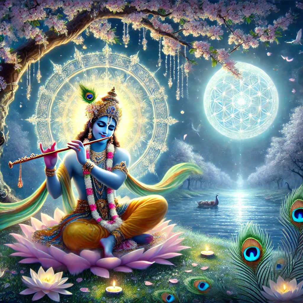 Krishna Radiating Infinite Blessings. Krishna’s Divine Qualities — Infinite Light & Love. Vibrant illustration of Lord Krishna on a lotus, flute in hand, surrounded by sacred geometry and temples. A radiant visual of Lord Krishna seated on a blooming lotus, his flute sending waves of joy, compassion, and divine wisdom, surrounded by spiritual symbols and nature’s beauty.