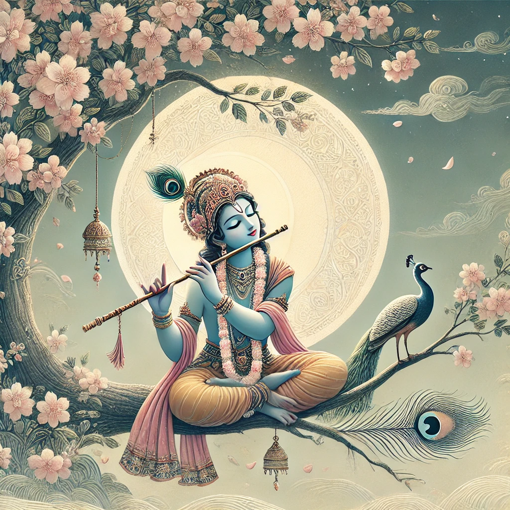 Krishna under the Moonlit Blessing. The Sacred Night of Krishna Janmashtami — Moonlit Blessings Flow. Artistic depiction of Lord Krishna playing the flute under a full moon, surrounded by devotees and sacred river. A mystical and serene portrayal of Lord Krishna on a lotus seat, playing the flute under a golden halo, with a full moon shining above and gentle waters flowing — symbolizing the sacred energy of Krishna Janmashtami.
