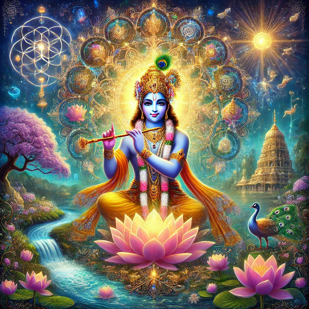 Krishna’s Flute of Peace. Benefits of Krishna’s Healing — Peace, Joy & Renewal. Mystical depiction of Lord Krishna playing the flute under full moonlight, seated on lotus, surrounded by peacock feathers. An ethereal portrayal of Krishna infusing peace and joy into the world through his flute, under a glowing moon and sacred waters, symbolizing emotional and spiritual healing.