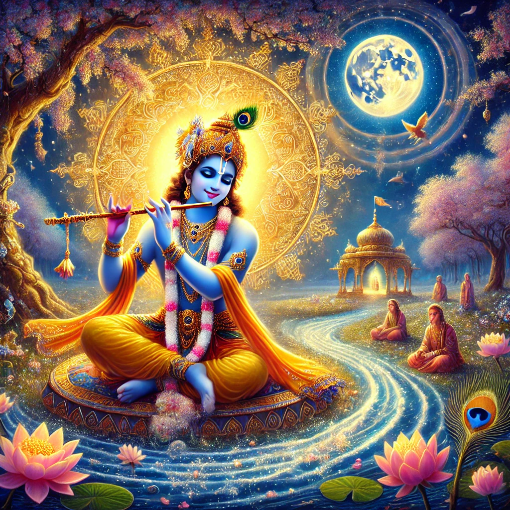 Krishna’s Gentle Eternal Blessing. Receive Krishna’s Gentle Blessings This Janmashtami. Gentle and soft illustration of Lord Krishna playing the flute under a flowering tree with a peacock nearby. A soothing, vintage-style sacred artwork of Krishna, exuding love, calmness, and divine connection — the perfect closing visual for a heartfelt invitation to join the healing.