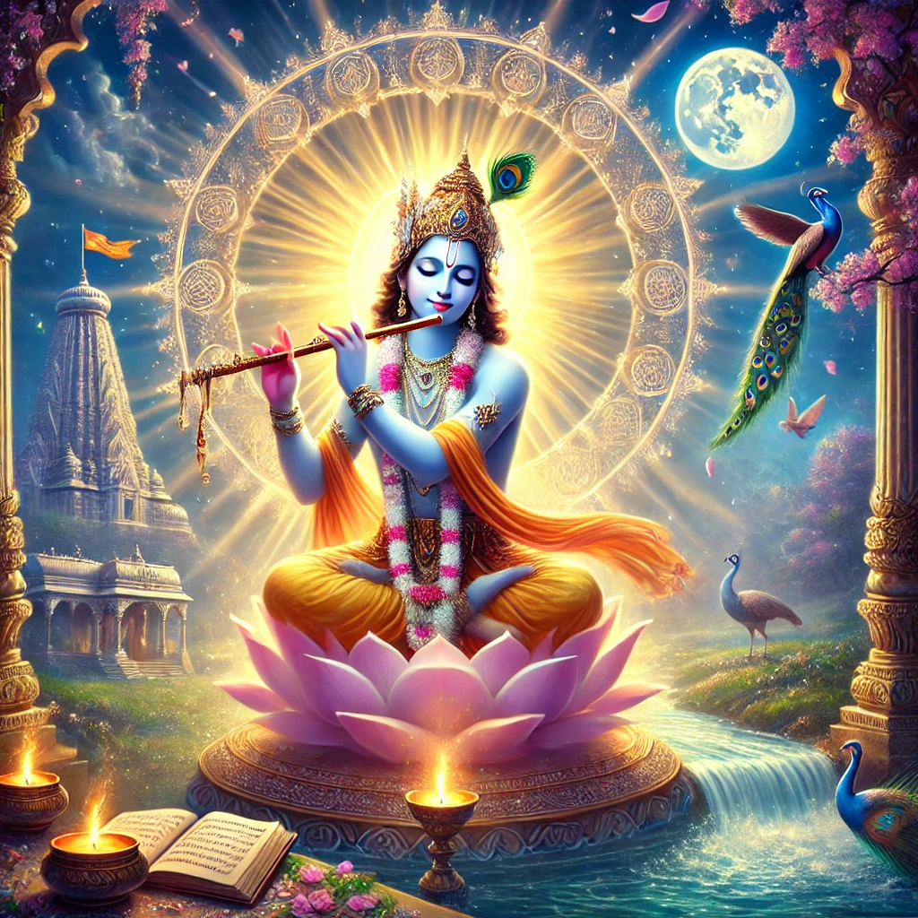 Krishna’s Light of Transformation. Imagine Your Transformation with Krishna’s Healing Blessings. Lord Krishna playing the flute atop a lotus with golden aura, temple in background, and peacocks nearby. A sacred image capturing the transformative energy of Krishna, with golden radiance, flowing waters, and temple blessings — inviting the soul to envision a higher path.