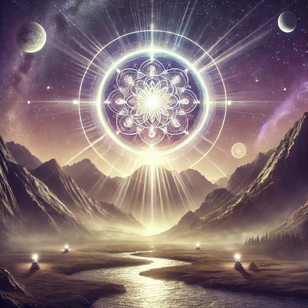 Luminous full moon over the Himalayan mountains with sacred yantra light pattern in the sky, flowing river below, and radiant beams symbolizing spiritual healing and cosmic energy convergence in a mystical Indian night landscape.