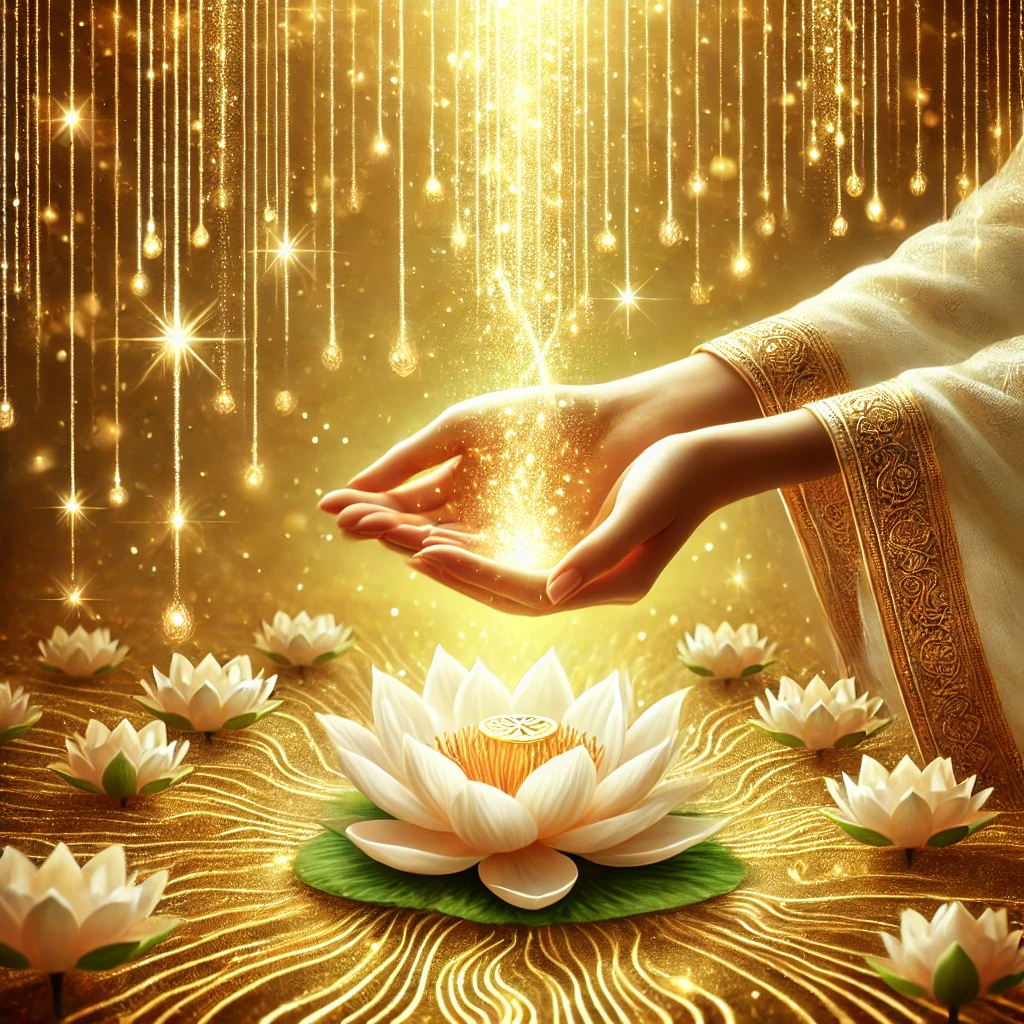 gateway-prosperity-abundance. Gateway of Prosperity & Abundance. Golden streams of light flowing into open hands symbolize prosperity, wealth, and divine flow. A sacred golden field with light rays cascading like abundance from the heavens, received by open palms resting over a vibrant lotus โ symbolizing wealth, opportunity, and spiritual prosperity flowing into oneโs life.