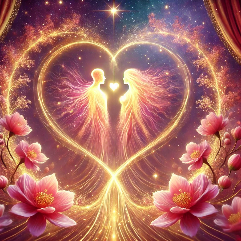 gateway_radiant_relationships. Gateway of Radiant Relationships โ The Heartโs Sacred Harmony A glowing, heart-centered sacred visual with intertwined golden and rose-pink light streams, symbolizing radiant relationships and heart harmony. A luminous heart-centered field bathed in rose-pink and golden light. Two streams of glowing energy weave into one, representing unity, love, and healing bonds. The aura is soft yet powerful, inviting participants into harmony within themselves and with others. This visual embodies the essence of the Gateway of Radiant Relationships โ opening the heart, healing cords, and blessing all connections with divine grace.