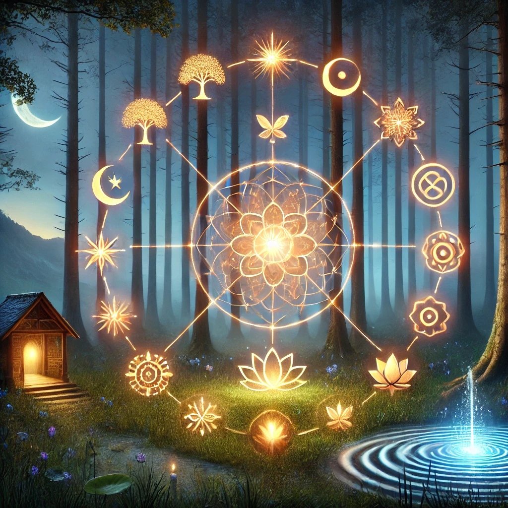 sacred-forest-sanctuary-14-gateways-energy-healing. Sanctuary of Soul Alchemy โ The Sacred Forest of 14 Gateways. Enter the mystical forest sanctuary โ where 14 Sacred Gateways appear as living symbols in nature. A radiant center of light anchors the circle, inviting healing, abundance, forgiveness, and transformation. ๐ฟโจ A mystical forest clearing at twilight with a glowing sanctuary of light in the center, surrounded by 14 natural symbols โ lotus for health, intertwined trees for relationships, coins for prosperity, moon for divine feminine, sun for divine masculine, spiral for karma, heart flower for self-love, flame for inner child, star for soul purpose, water ripple for emotions, tree for business, luminous cottage for sacred spaces, crystal eye for intuition, and hands with dove for forgiveness. Ethereal, nature-based, no text.