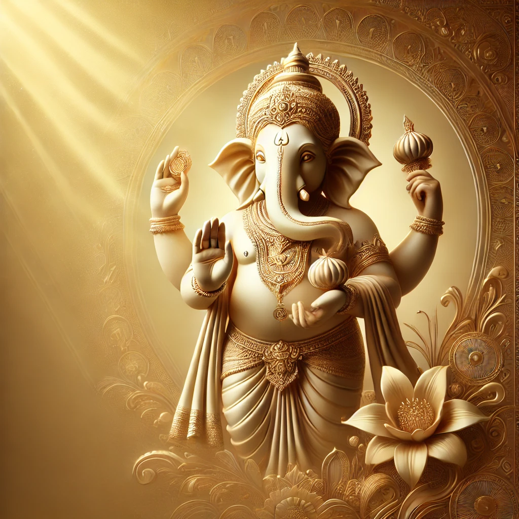 sacred-ganesha-abhaya-mudra-golden-light. Lord Ganesha in Blessing Posture Surrounded by Golden Light Sacred minimalistic image of Lord Ganesha standing gracefully, one hand raised in blessing (Abhaya Mudra) and another holding a modak, with a golden divine aura. A consecrated image of Lord Ganesha in his blessing form. Radiating golden light and surrounded by subtle floral accents, this artwork symbolizes divine protection, clarity, and grace. Perfect for healing rituals, Ganesh Chaturthi celebrations, and devotional spiritual content.