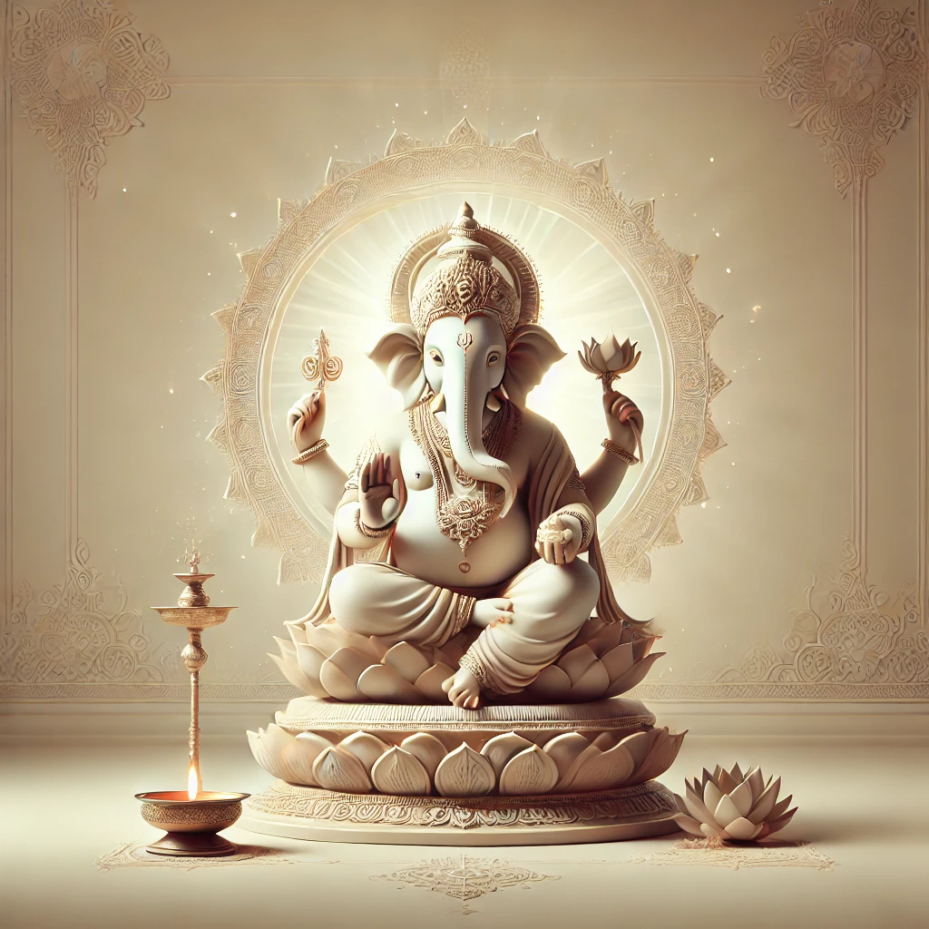 sacred-ganesha-minimalist-energy-healing-2025. Sacred Lord Ganesha in Meditative Posture for Energy Healing Rituals Minimalist sacred image of Lord Ganesha seated in meditation on a lotus pedestal, surrounded by soft light, incense, and traditional offerings. A serene, spiritually consecrated image of Lord Ganesha seated in a meditative pose on a lotus, with a soft, radiant aura. Designed for sacred healing pages, this artwork invokes peace, clarity, and divine presence — perfect for spiritual content, Ganesh Chaturthi rituals, and energy healing themes.