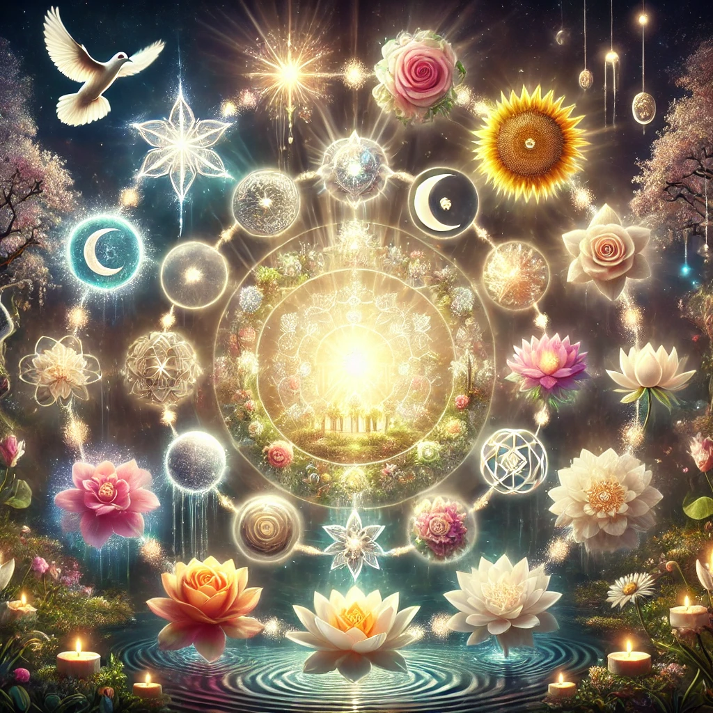 sacred-garden-sanctuary-14-gateways. Sanctuary of Soul Alchemy โ The Sacred Garden of 14 Blossoms. Step into the luminous garden of transformation โ where 14 radiant blossoms bloom as gateways of healing, abundance, love, and divine awakening. A sanctuary of light held in natureโs embrace. ๐บโจ A mystical sacred garden in full bloom with a radiant sanctuary of light at the center, surrounded by 14 luminous blossoms. Each blossom symbolizes a gateway: golden coins flower (prosperity), twin roses (relationships), star bloom (soul purpose), water lily ripple (emotions), lotus (health), crescent moon flower (divine feminine), sunflower (divine masculine), glowing bud (inner child), crystal bloom (intuition), spiral vine flower (karma), tree blossom (business), cottage bloom (sacred spaces), heart flower (self-love), and dove on a flower (forgiveness). Ethereal, enchanting, no text.