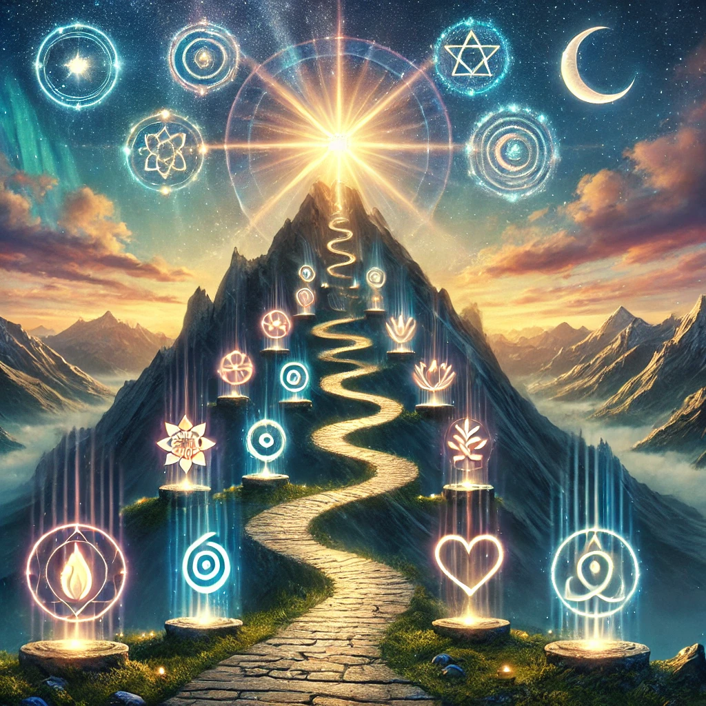 sacred-mountain-path-sanctuary-14-gateways. Sanctuary of Soul Alchemy โ The Mountain Path of 14 Gateways. Walk the mystical mountain path, where 14 glowing gateways guide you toward the radiant sanctuary at the summit. Each step awakens healing, abundance, love, and divine clarity. ๐โจ A mystical mountain landscape at sunrise with a radiant sanctuary glowing at the summit. Along the winding trail are 14 symbolic gateways represented by glowing icons: coins for prosperity, hearts for relationships, star for soul purpose, water ripple for emotional healing, lotus for health, crescent moon for divine feminine, radiant sun for divine masculine, flame for inner child, crystal eye for intuition, spiral for karma, tree for business, house for sacred spaces, heart for self-love, and open hands with a dove for forgivenessโethereal, cosmic yet natural, no text.