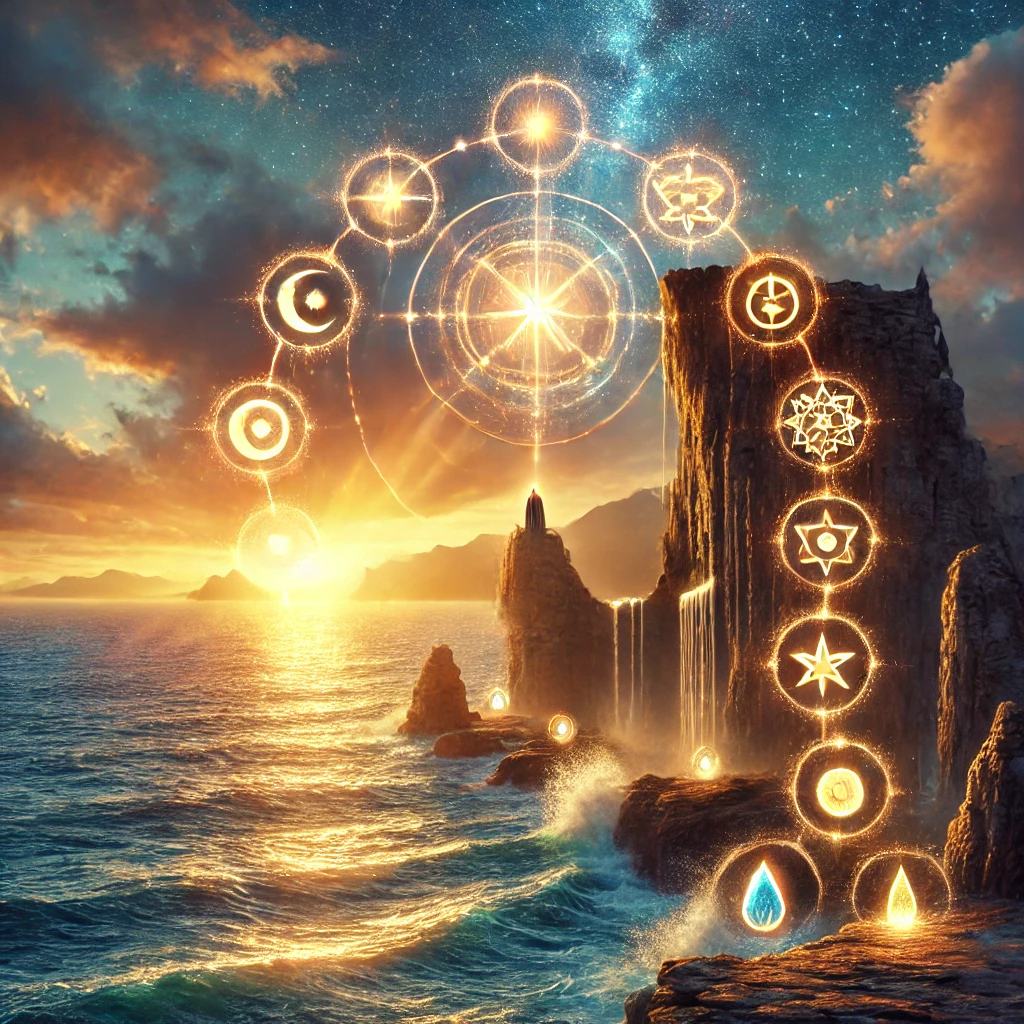 sacred-ocean-cliff-sanctuary-14-gateways. Sanctuary of Soul Alchemy โ The Ocean Cliff of 14 Light Portals. Stand at the edge of the sacred cliff, where 14 glowing portals of light open across the ocean horizon. A radiant sanctuary shines above the waters, inviting healing, clarity, and soul awakening. ๐
โจ A mystical ocean cliff at sunset with a radiant sanctuary glowing above the sea. Along the cliff and horizon are 14 luminous portals of light, each symbolizing a gateway: golden shimmer (prosperity), hearts (relationships), star (soul purpose), water ripple (emotions), lotus (health), crescent moon (divine feminine), sun (divine masculine), flame (inner child), crystal eye (intuition), spiral (karma), tree (business), glowing home (sacred spaces), radiant heart (self-love), and open hands with a dove (forgiveness). Ethereal, majestic, no text.