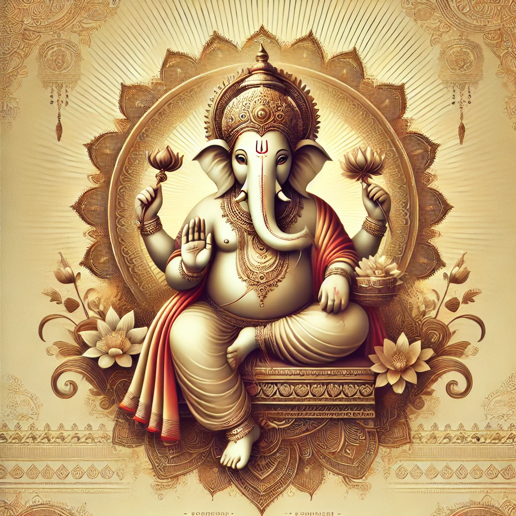 sacred-raja-ganapati-royal-form-abundance. Majestic Royal Form of Lord Ganesha (Raja Ganapati) Seated on a Throne. Sacred image of Lord Ganesha in his majestic royal form (Raja Ganapati), seated on a decorated throne, radiating abundance and authority with a golden aura. A consecrated, image of Lord Ganesha in his royal form, Raja Ganapati. Seated on a decorated throne with subtle ornaments, surrounded by a golden aura with red and green floral accents, this devotional artwork symbolizes abundance, success, and divine sovereignty. Perfect for Ganesh Chaturthi healing journeys and spiritual offerings. 