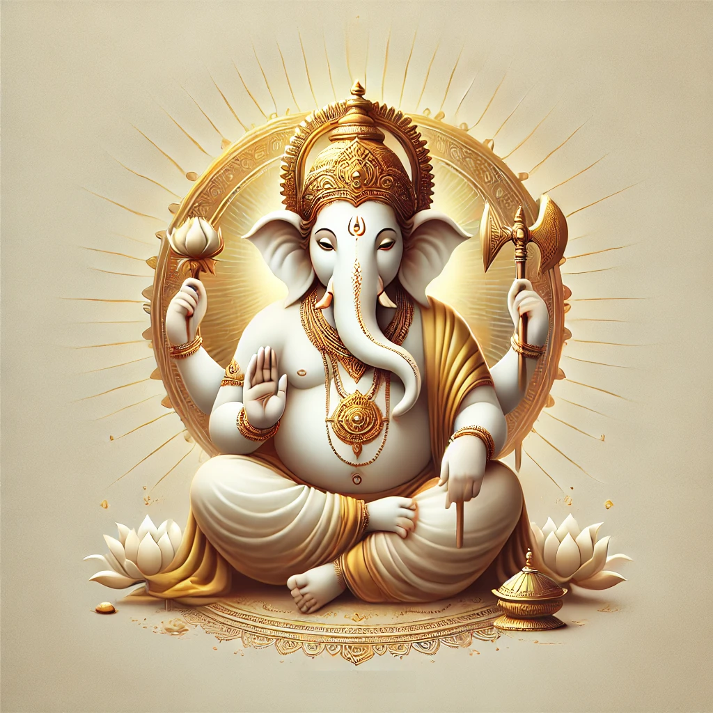 sacred-siddhivinayaka-ganesha-success-perfection. Lord Ganesha as Siddhivinayaka, the Granter of Success and Perfection Sacred image of Lord Ganesha in Siddhivinayaka form, seated with four arms holding lotus, modak, axe, and rosary, radiating golden divine brilliance. A consecrated image of Lord Ganesha in his Siddhivinayaka form. Depicted with four arms holding sacred symbols — lotus, modak, axe, and rosary — surrounded by golden and white divine aura. This serene artwork symbolizes success, perfection, and spiritual blessings, making it ideal for Ganesh Chaturthi healing journeys and sacred devotional use. 