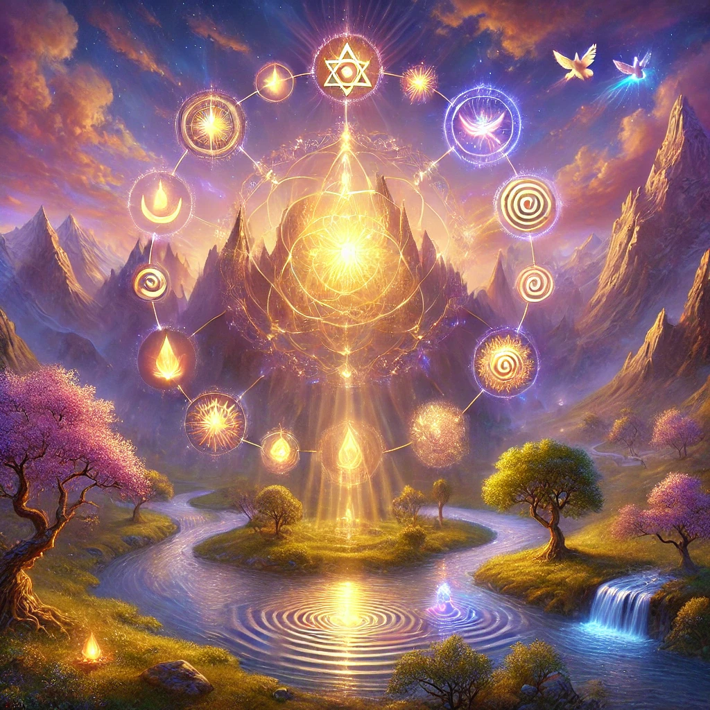 sacred-valley-sanctuary-14-gateways-final. Sanctuary of Soul Alchemy โ The Sacred Valley of 14 Gateways. At dawn, the sacred valley awakens in golden and violet light. Rivers, trees, and mountains form a natural mandala, with 14 glowing gateways leading to the radiant sanctuary of transformation. ๐โจ A mystical sacred valley at dawn, glowing with golden and violet light. Rivers, trees, and mountains form a mandala-like pattern, with a luminous sanctuary of light at the center. Fourteen symbolic forms glow throughout the valley: shimmering stream, intertwined trees, star in the sky, water ripple, lotus blossoms, crescent moon, radiant sunlight on peaks, small flame, crystal-like rock, spiral in grass, flourishing tree, luminous home, radiant flower, and dove in flightโpure symbolic, no text.