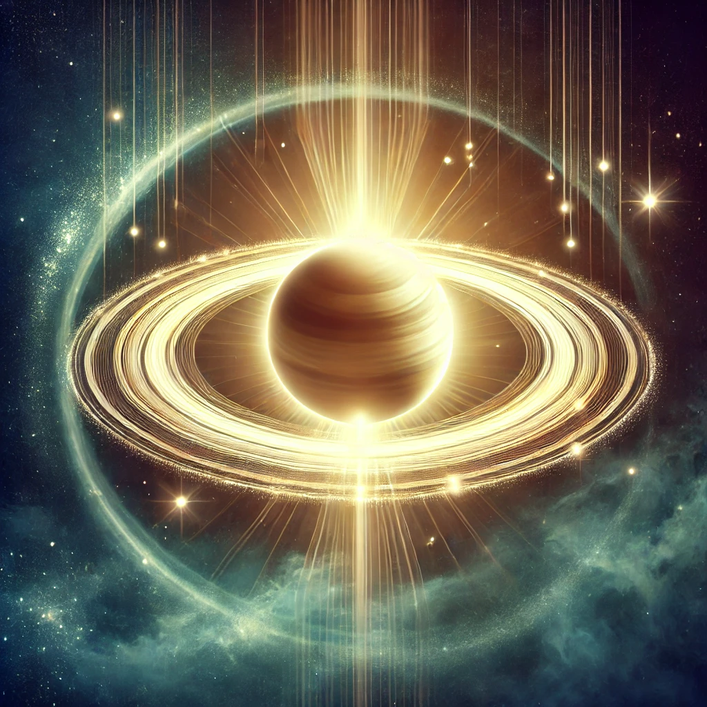 saturn-shani-grace-blessings Saturn’s Grace – Shani as a Cosmic Teacher of Truth. Planet Saturn radiating calm light with glowing rings, symbolizing Shani Dev’s protective, wise, and compassionate blessings. An artistic cosmic depiction of Saturn radiating benevolence and wisdom, symbolizing Shani Dev as a teacher of truth, discipline, and karmic blessings during Shani Amavasya.