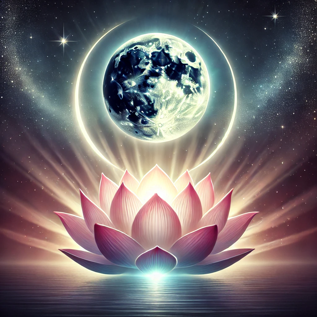 shani-amavasya-lotus-new-moon-transformation Lotus of Renewal Under the New Moon – Shani Amavasya Transformation. A lotus blooming under the soft aura of the new moon, with gentle rays of light emerging from darkness, symbolizing renewal and soul blossoming. Mystical artwork showing a lotus blossoming beneath the subtle glow of the new moon halo on a starry night. Symbolizes transformation, healing, and spiritual renewal during Shani Amavasya.