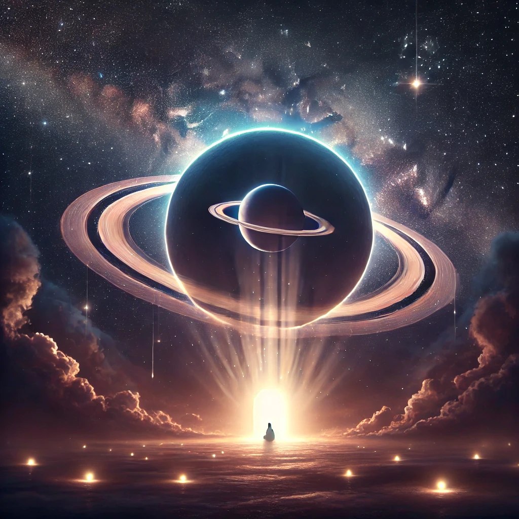 shani-amavasya-new-moon-portal Shani Amavasya New Moon Portal – A Sacred Cosmic Window. Dark new moon with Saturn and starlight forming a cosmic portal of healing during Shani Amavasya. A mystical night sky depicting the Shani Amavasya portal, with Saturn’s rings illuminated beside the dark new moon. This symbolic image represents karmic release, ancestral blessings, and the sacred cosmic window for transformation.