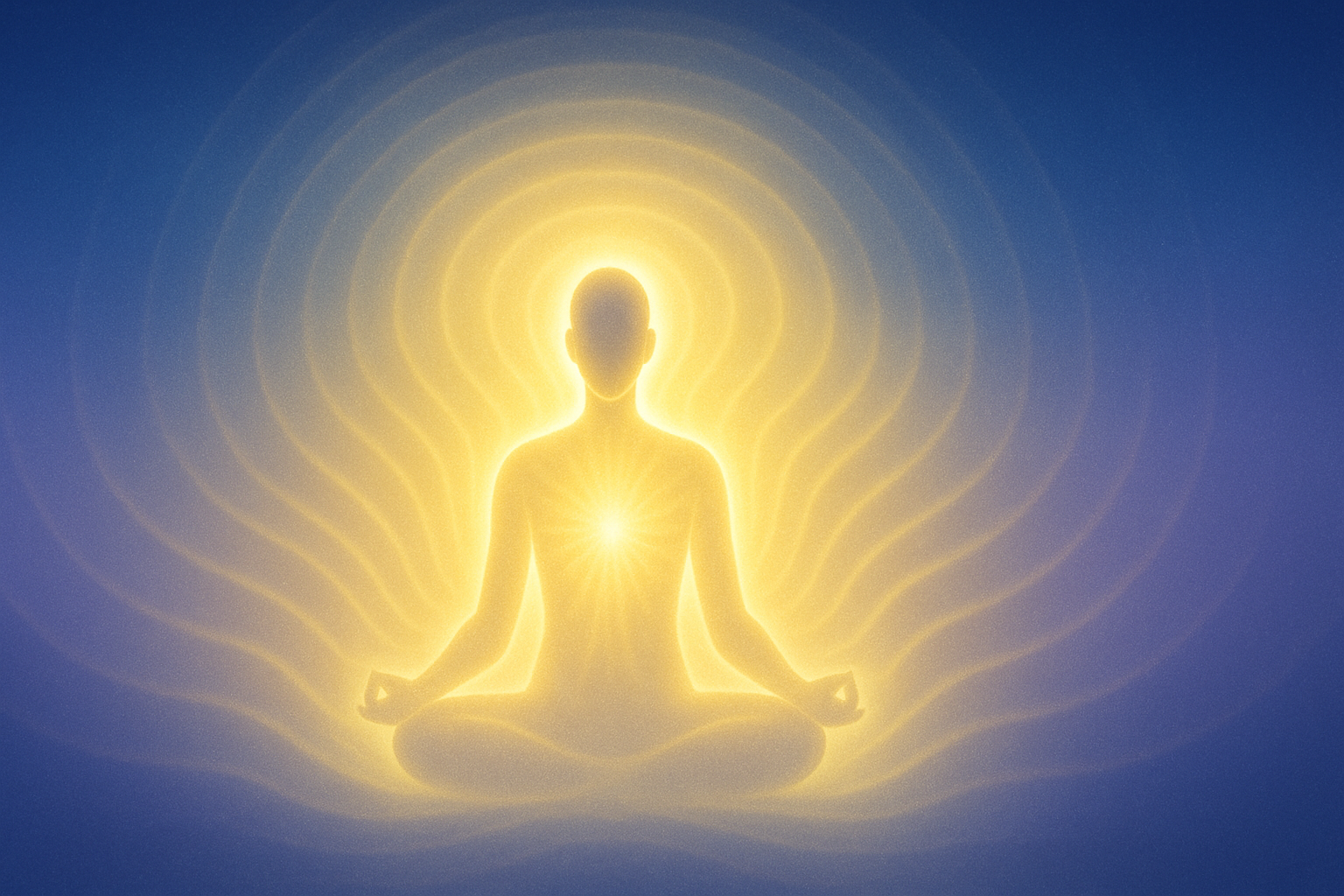 Daily Light Transmission.  Peaceful glowing figure radiating waves of golden-white light against a soft night sky background, symbolizing daily remote healing and blessings. “Experience Daily Light Transmission — free remote healing and blessings, available 7 days a week. Healing energy, anytime, anywhere.”