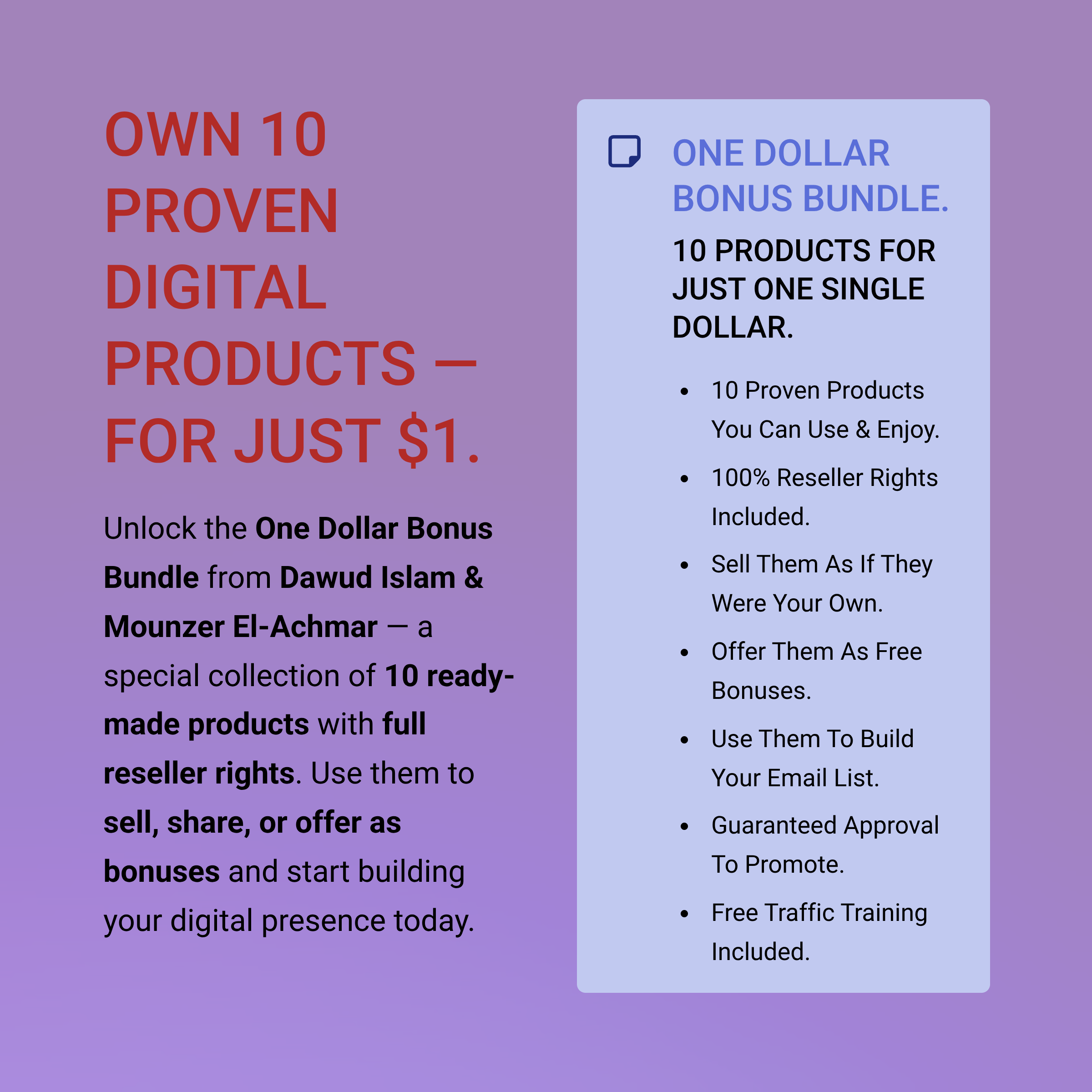 “One Dollar Bonus Bundle promotional graphic showing 10 digital products available for just $1, featuring Dawud Islam and Mounzer El-Achmar. Includes key details such as reseller rights, guaranteed approval to promote, and free traffic training.”