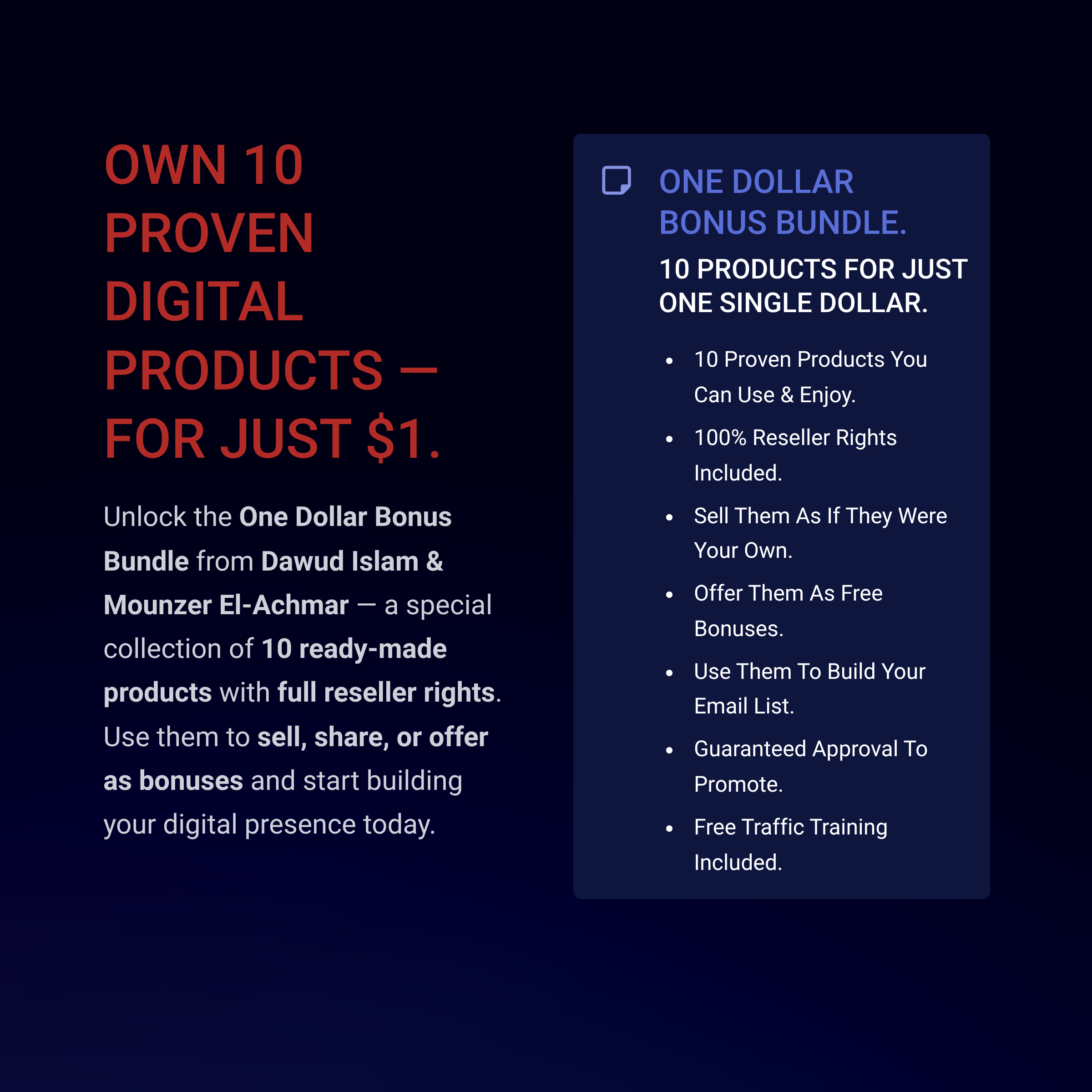 “One Dollar Bonus Bundle promotional graphic showing 10 digital products available for just $1, featuring Dawud Islam and Mounzer El-Achmar. Includes key details such as reseller rights, guaranteed approval to promote, and free traffic training.”